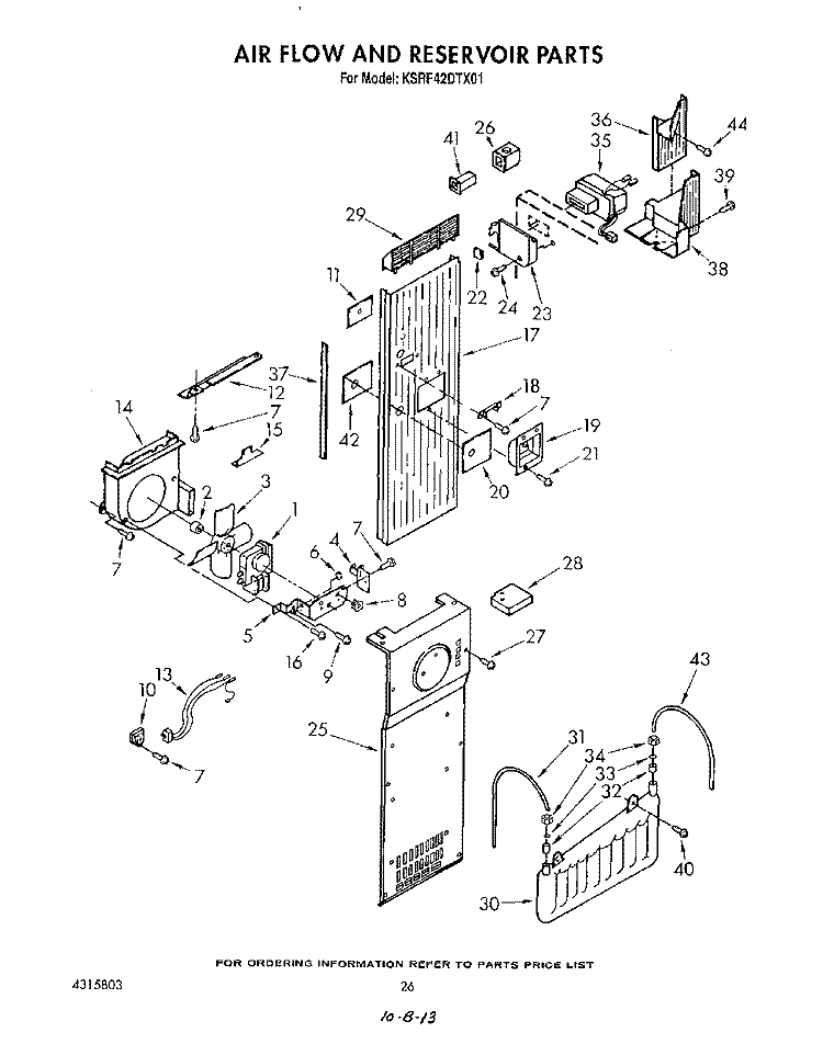 AIR FLOW AND RESERVOIR Diagram and Parts List for KSRF42DTX01  KitchenAid Refrigerator