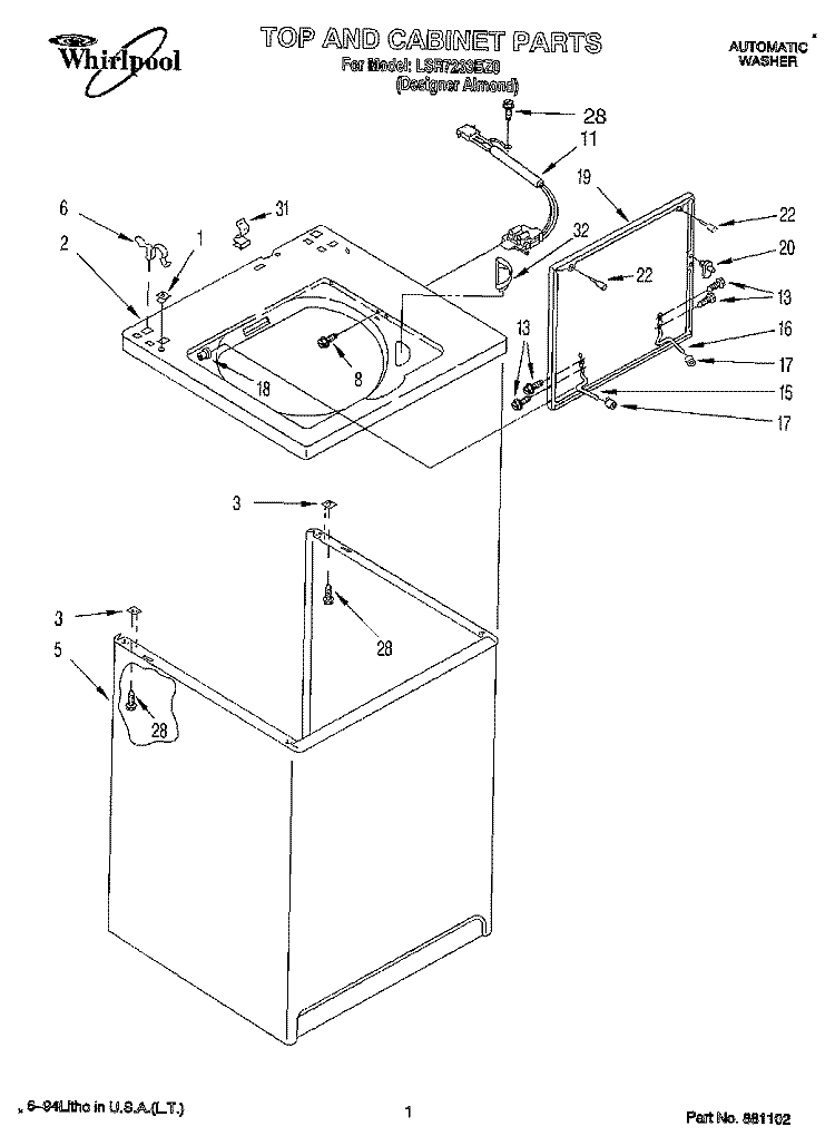 TOP AND CABINET, LIT/OPTIONAL Diagram and Parts List for LSR7233BZ0  Whirlpool Washer