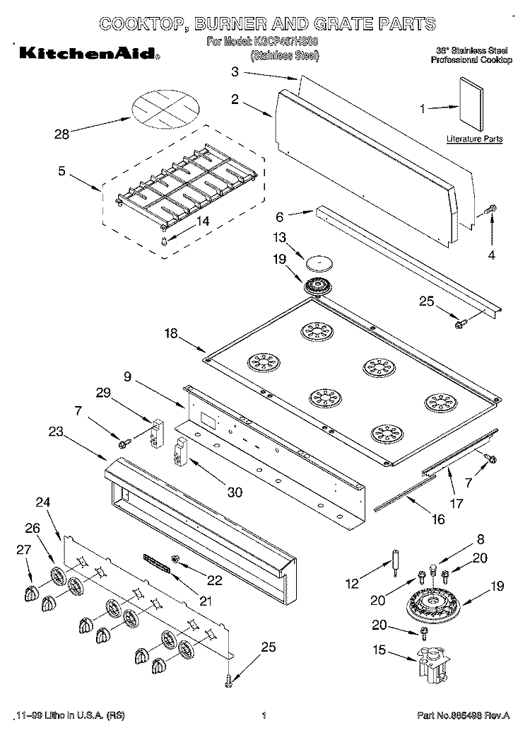 COOKTOP, BURNER AND GRATE PARTS Diagram and Parts List for KGCP467HSS0  KitchenAid Cooktop