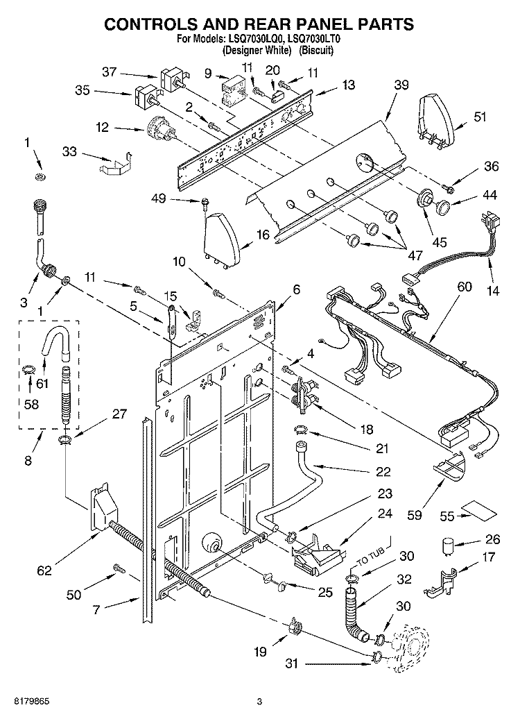 CONTROLS AND REAR PANEL Diagram and Parts List for LSQ7030LQ0  Whirlpool Washer