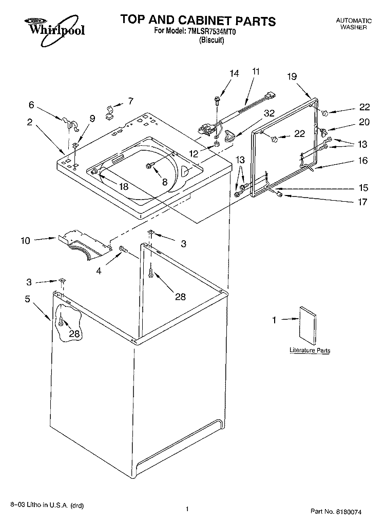TOP AND CABINET PARTS Diagram and Parts List for 7MLSR7534MT0  Whirlpool Washer