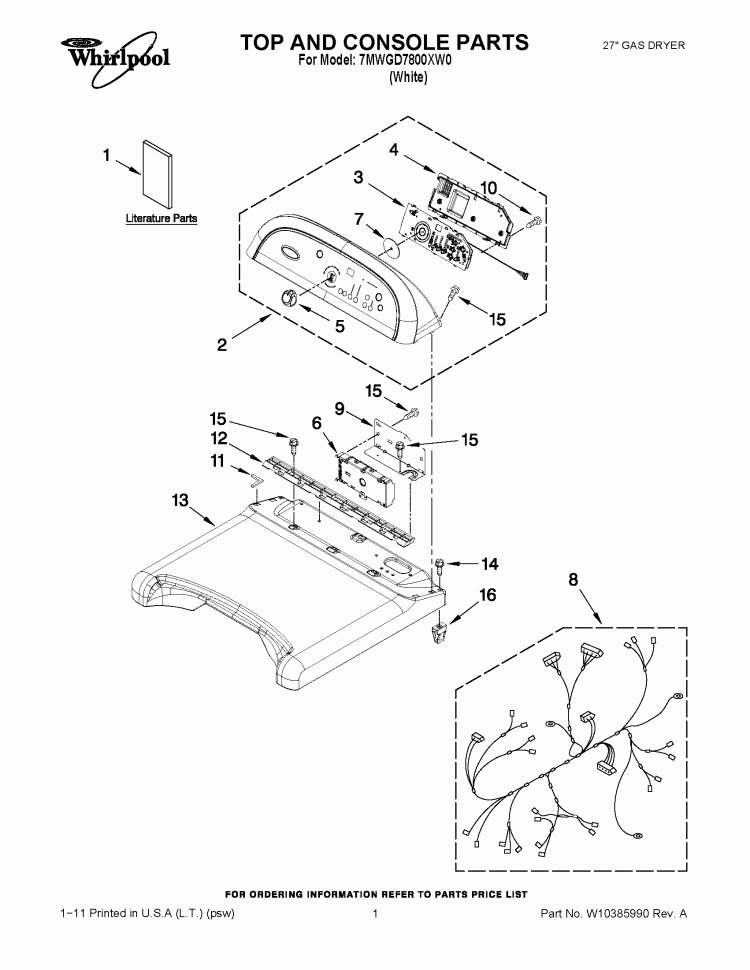 TOP AND CONSOLE PARTS Diagram and Parts List for 7MWGD7800XW0  Whirlpool Dryer