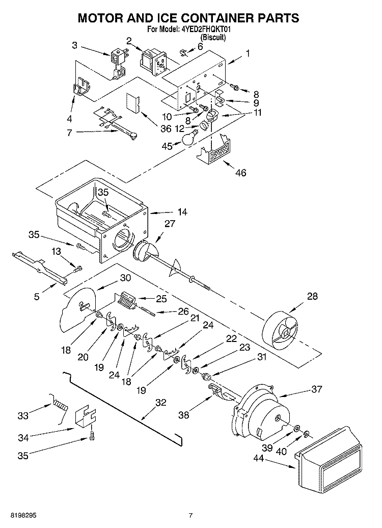 MOTOR AND ICE CONTAINER Diagram and Parts List for 4YED2FHQKT01  Whirlpool Refrigerator