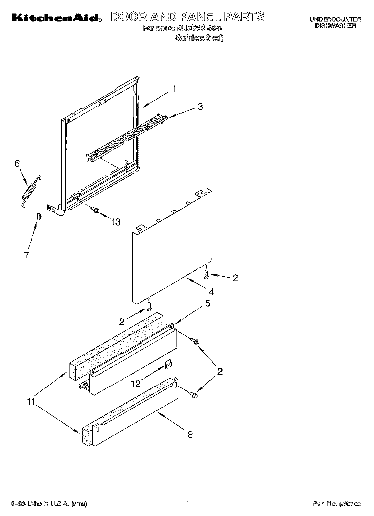 DOOR AND PANEL Diagram and Parts List for KUDC24SESS5  KitchenAid Dishwasher