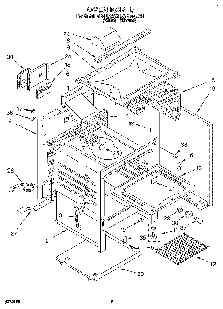 OVEN Diagram and Parts List for SF314PEAW1  Whirlpool Range