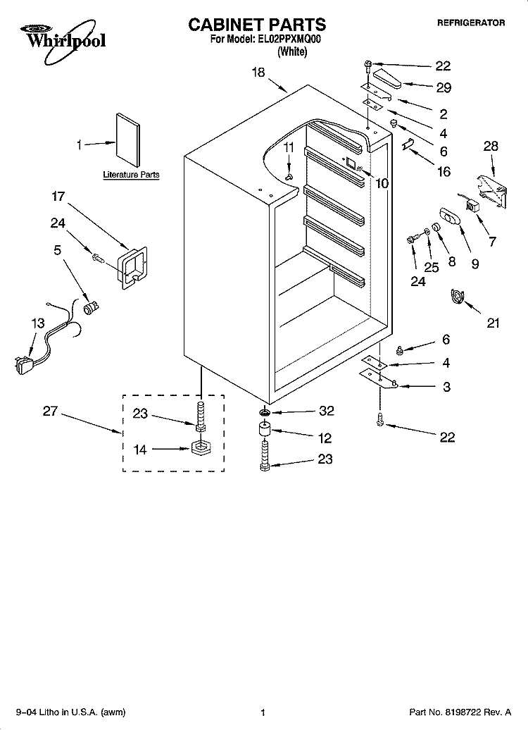 CABINET PARTS Diagram and Parts List for EL02PPXMQ00  Whirlpool Refrigerator