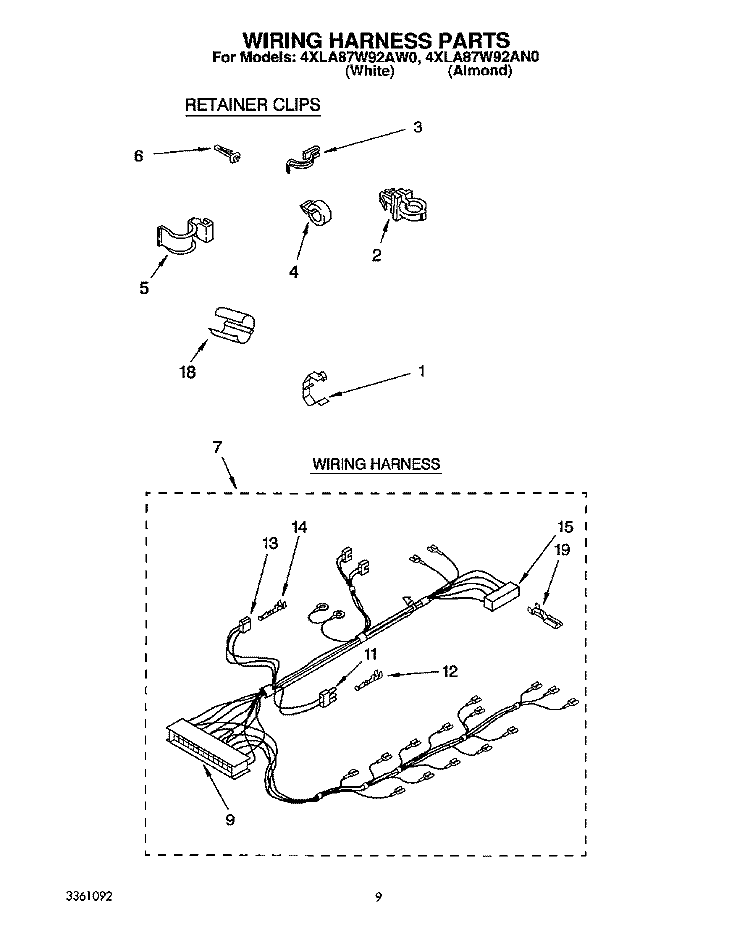 WIRING HARNESS Diagram and Parts List for 4XLA87W92AW0  Whirlpool Washer