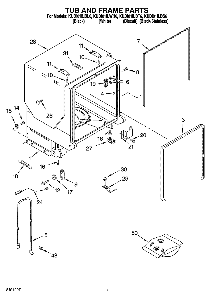 TUB AND FRAME PARTS Diagram and Parts List for KUDI01ILBS6  KitchenAid Dishwasher