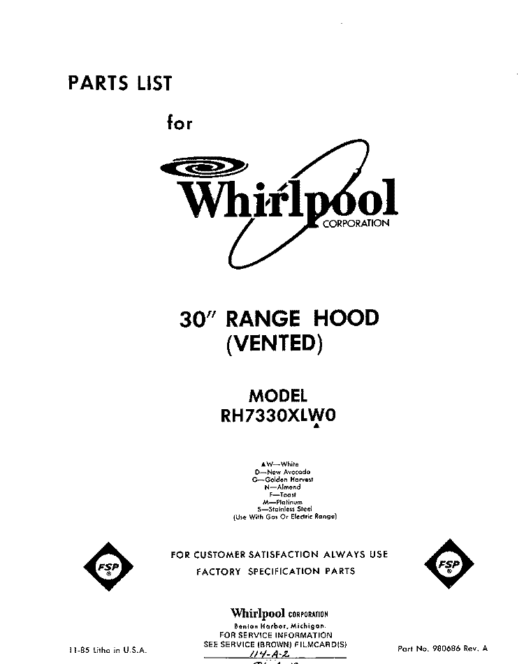 SECTION Diagram and Parts List for RH7330XLW0  Whirlpool Range Hood