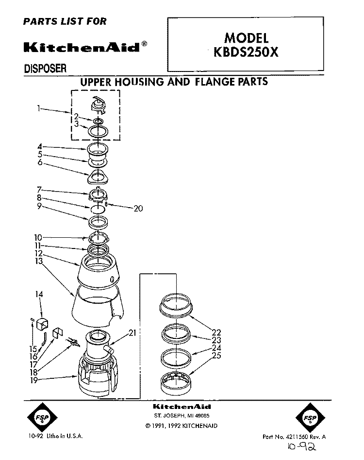 SECTION Diagram and Parts List for KBDS250X  KitchenAid Food Waste Disposer