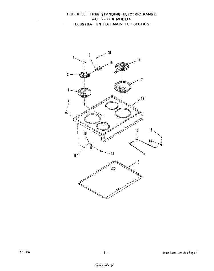 MAIN TOP Diagram and Parts List for 2265W0A  Roper Range