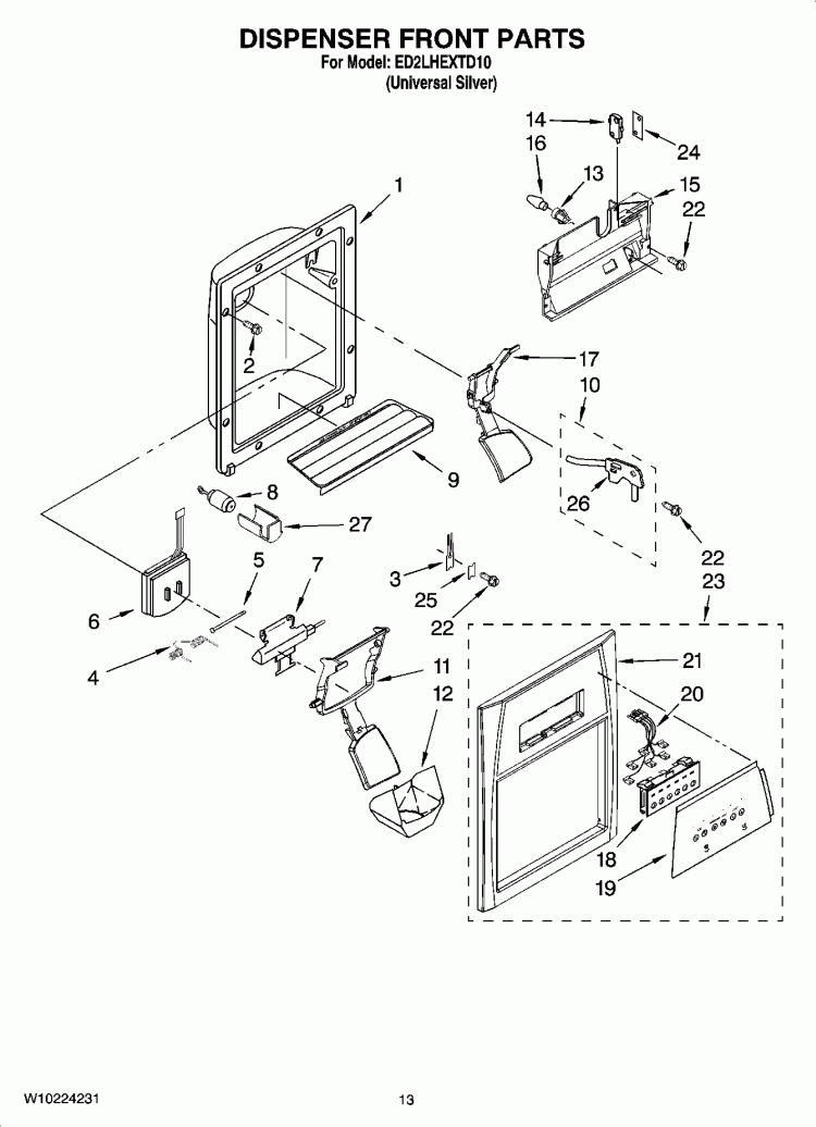DISPENSER FRONT PARTS Diagram and Parts List for ED2LHEXTD10  Whirlpool Refrigerator