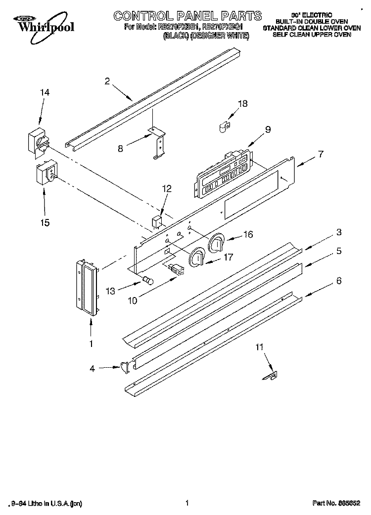 CONTROL PANEL, LITERATURE Diagram and Parts List for RB270PXBQ1  Whirlpool Wall Oven