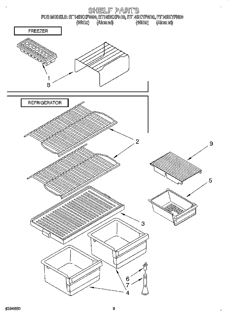 SHELF, LIT/OPTIONAL Diagram and Parts List for RT14BKXFW00  Whirlpool Refrigerator