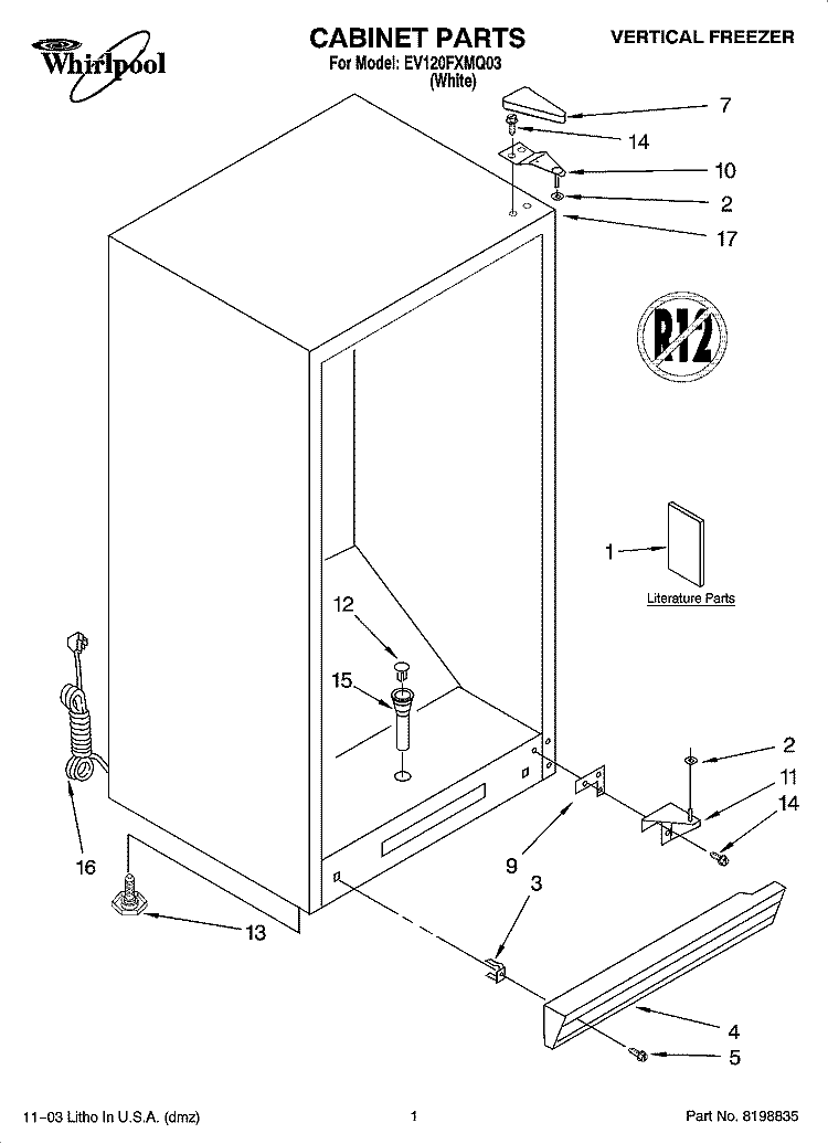 CABINET PARTS Diagram and Parts List for EV120FXMQ03  Whirlpool Freezer