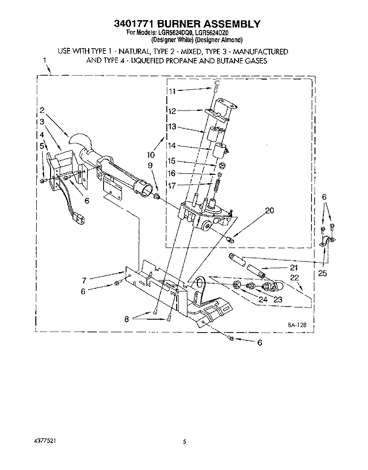 3401771 BURNER ASSEMBLY Diagram and Parts List for LGR5624DZ0  Whirlpool Dryer