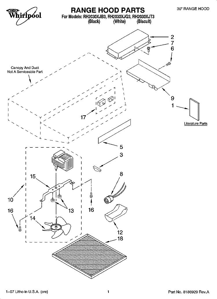 RANGE HOOD PARTS Diagram and Parts List for RH2030XJB3  Whirlpool Range Hood