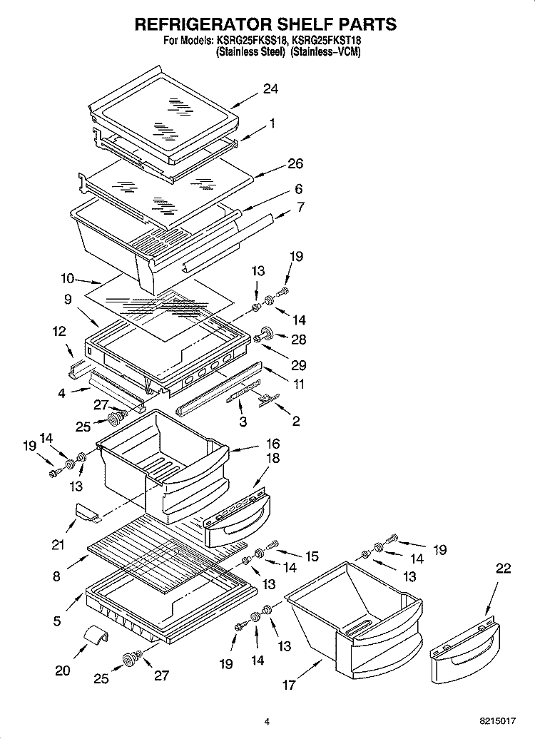 REFRIGERATOR SHELF PARTS Diagram and Parts List for KSRG25FKST18  KitchenAid Refrigerator