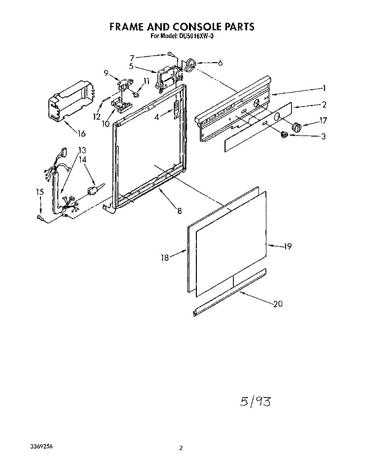 FRAME AND CONSOLE Diagram and Parts List for DU5016XW0  Whirlpool Dishwasher