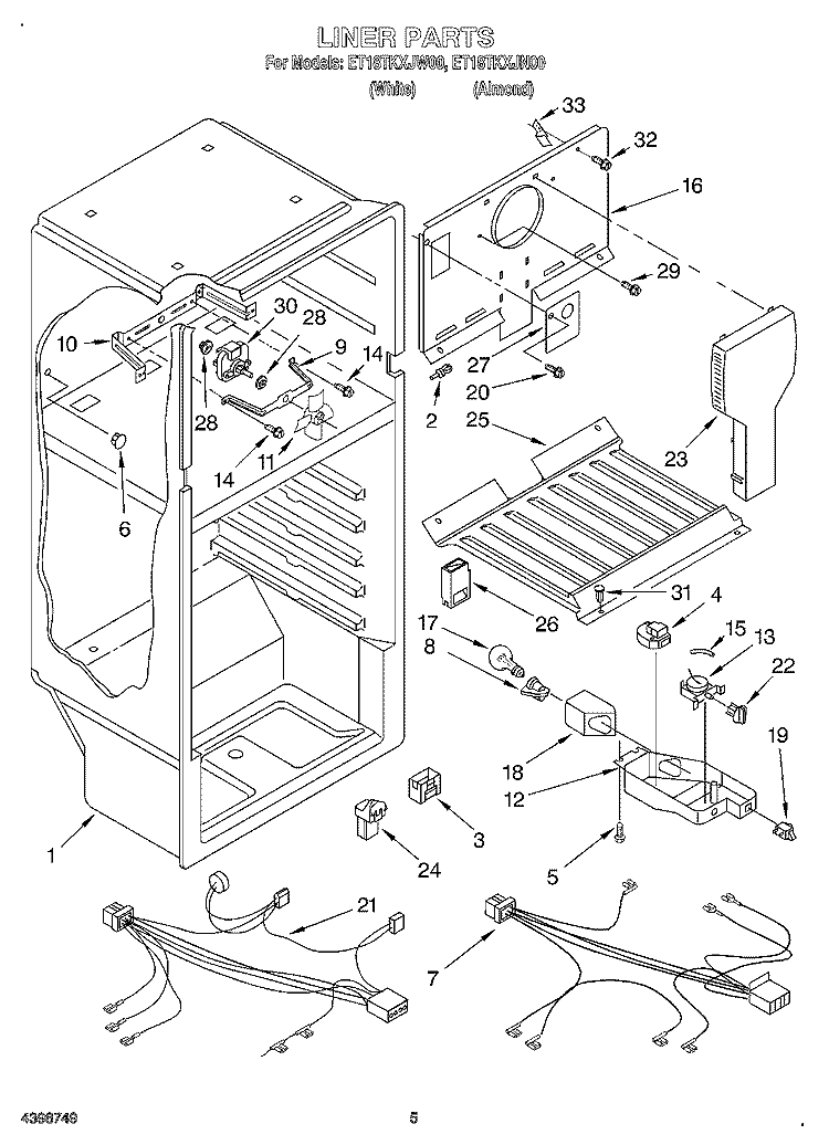 LINER Diagram and Parts List for ET18TKXJW00  Whirlpool Refrigerator