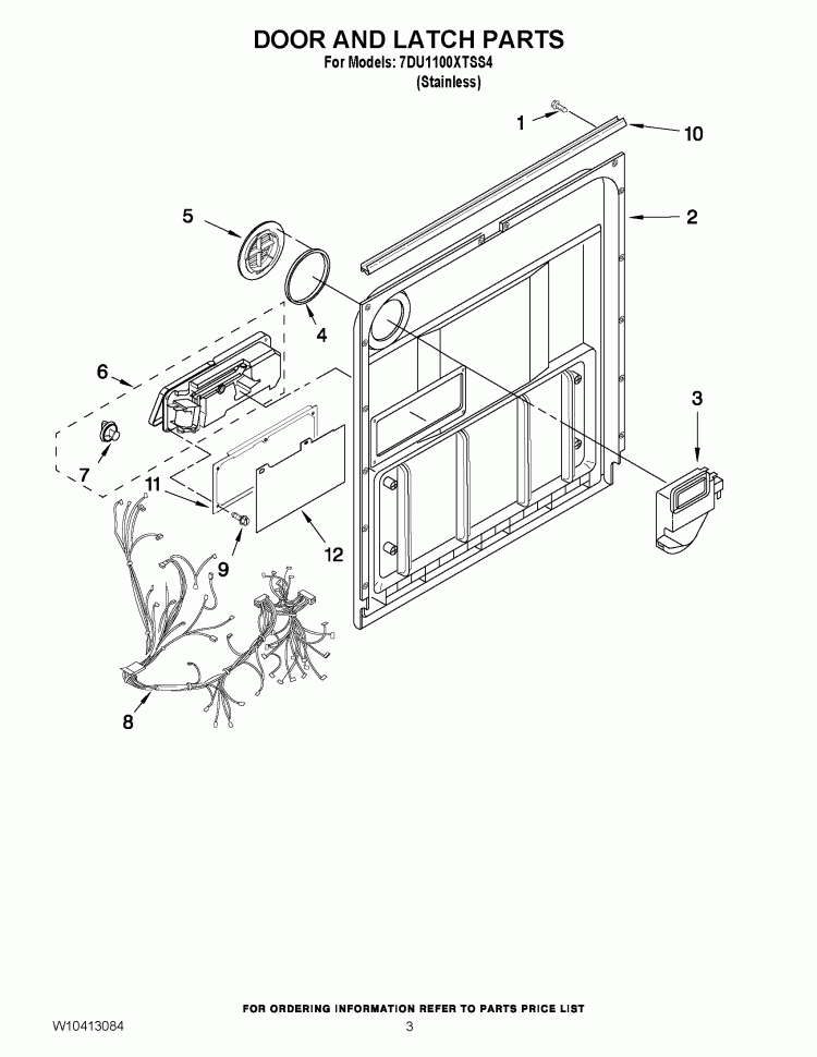 DOOR AND LATCH PARTS Diagram and Parts List for 7DU1100XTSS4  Whirlpool Dishwasher