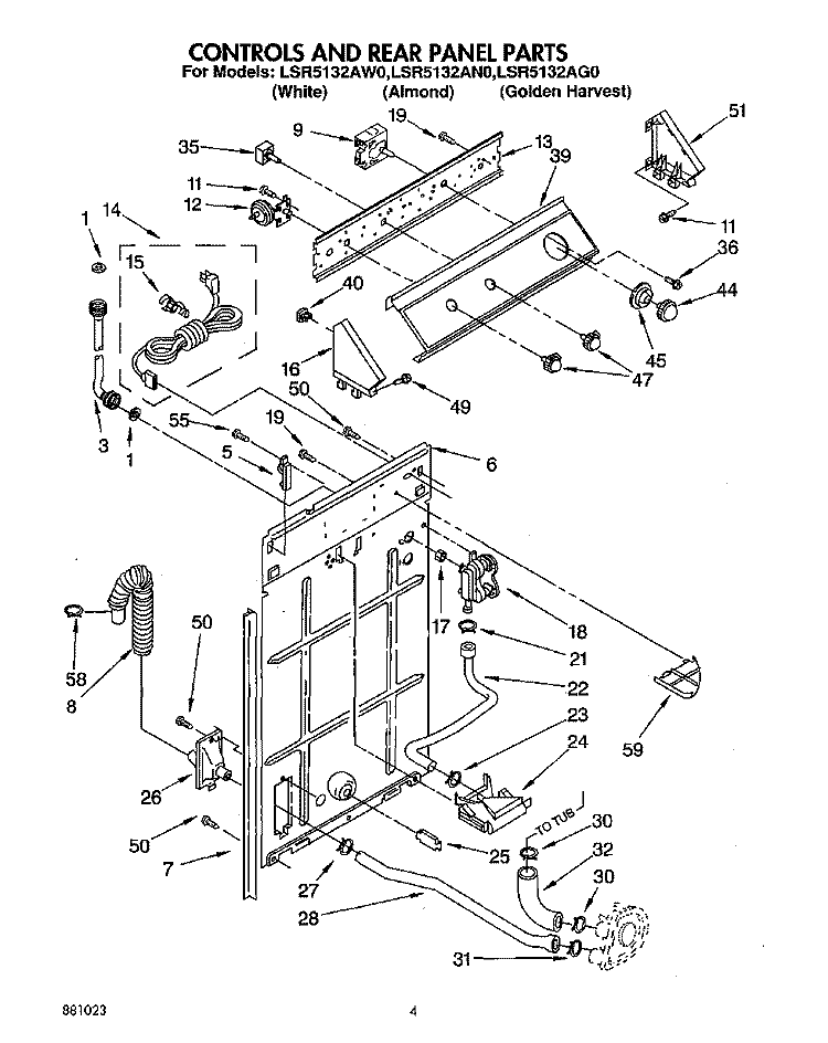 CONTROLS AND REAR PANEL Diagram and Parts List for LSR5132AW0  Whirlpool Washer