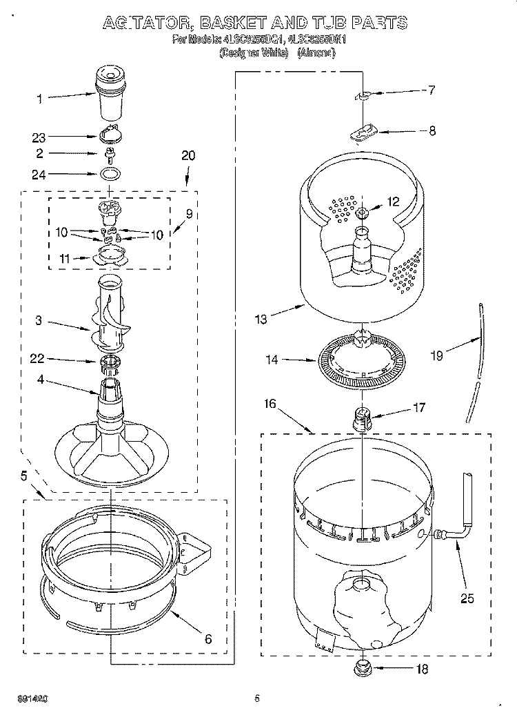 AGITATOR, BASKET, AND TUB Diagram and Parts List for 4LSC9255DN1  Whirlpool Washer