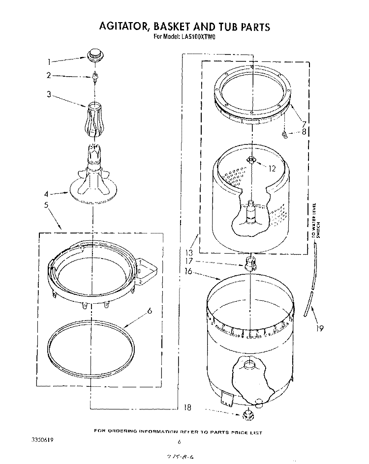 AGITATOR, BASKET AND TUB Diagram and Parts List for LA5100XTF0  Whirlpool Washer