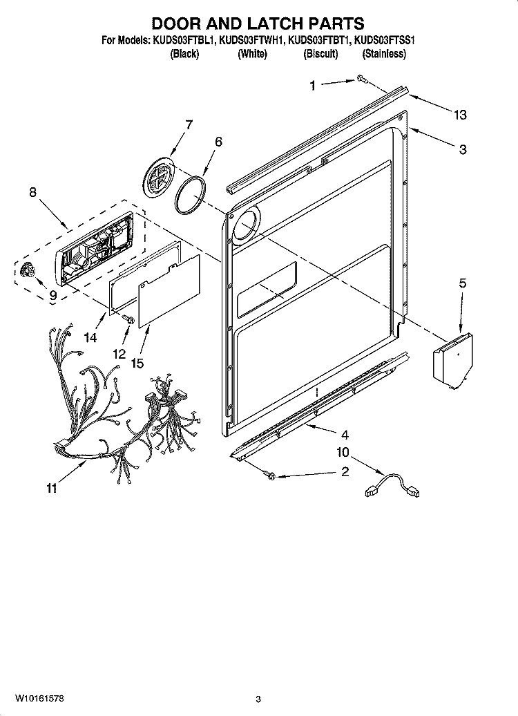 DOOR AND LATCH PARTS Diagram and Parts List for KUDS03FTWH1  KitchenAid Dishwasher