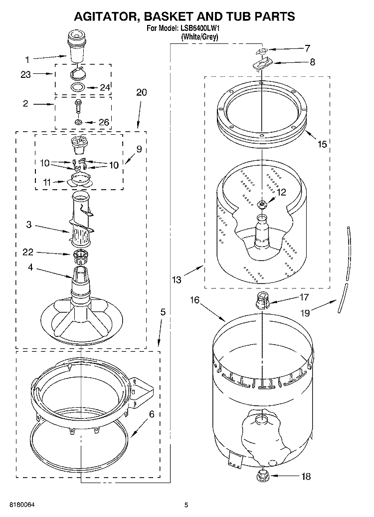 AGITATOR, BASKET AND TUB PARTS Diagram and Parts List for LSB6400LW1  Whirlpool Washer