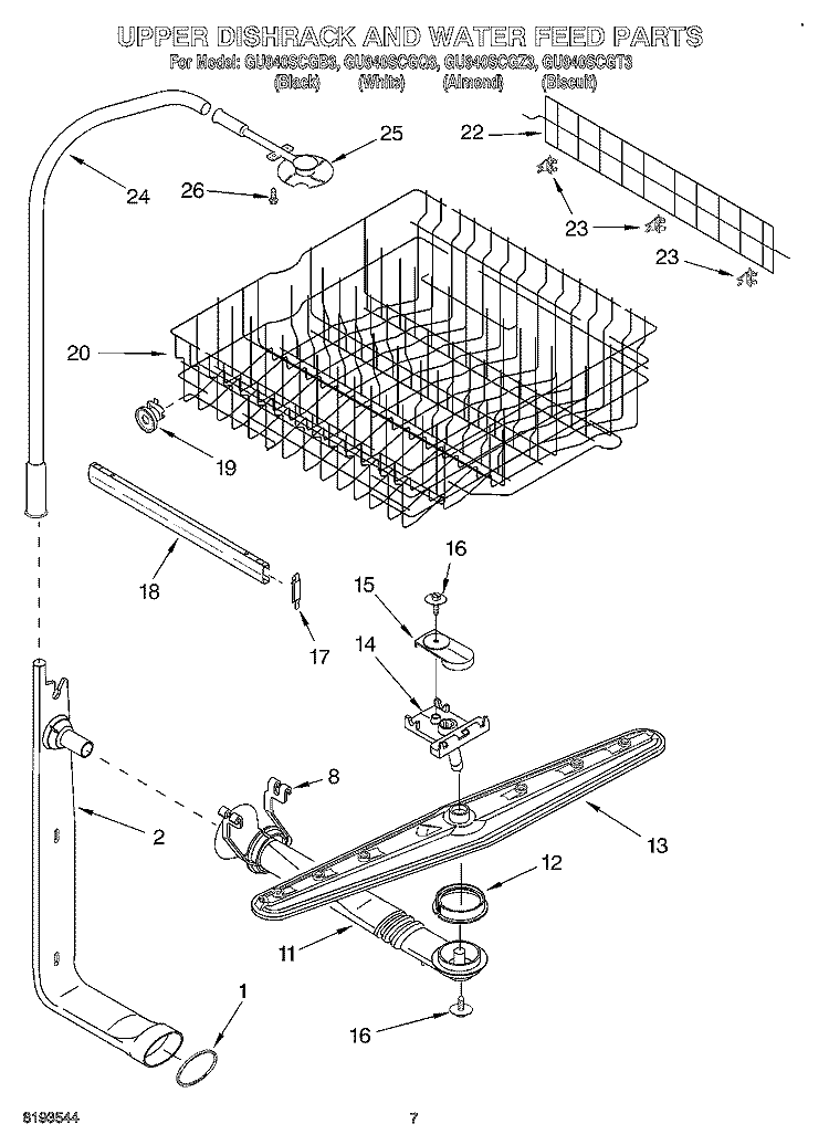 UPPER DISHRACK AND WATERFEED Diagram and Parts List for GU940SCGB3  Whirlpool Dishwasher