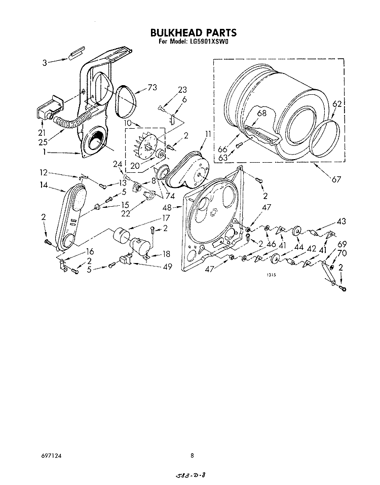 BULKHEAD Diagram and Parts List for LG5901XSW0  Whirlpool Dryer