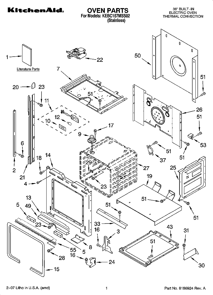 OVEN PARTS Diagram and Parts List for KEBC167MSS02  KitchenAid Wall Oven