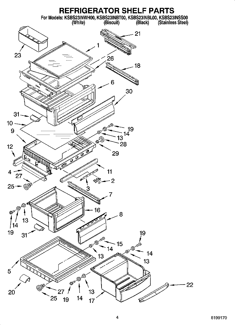 REFRIGERATOR SHELF PARTS Diagram and Parts List for KSBS23INBL00  KitchenAid Refrigerator