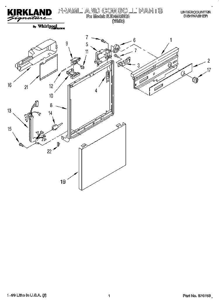 FRAME AND CONSOLE Diagram and Parts List for SUD4000HQ0  Whirlpool Dishwasher