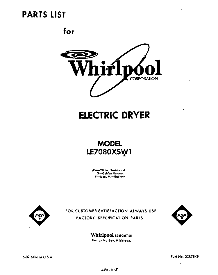 SECTION Diagram and Parts List for LE7080XSW1  Whirlpool Dryer