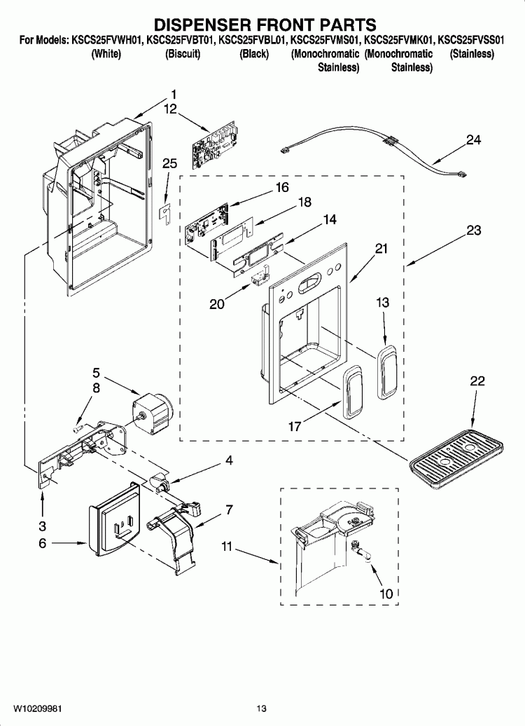 DISPENSER FRONT PARTS Diagram and Parts List for KSCS25FVBT01  KitchenAid Refrigerator