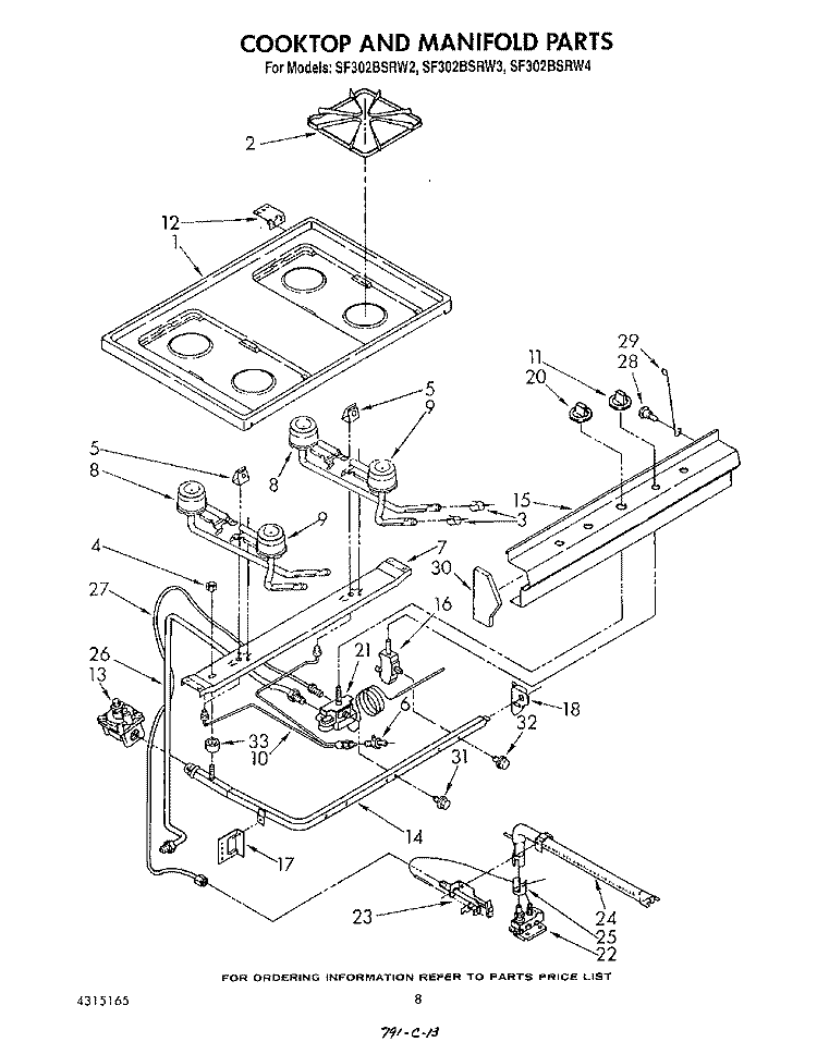COOKTOP AND MANIFOLD , LITERATURE AND OPTIONAL Diagram and Parts List for SF302BSRW4  Whirlpool Range