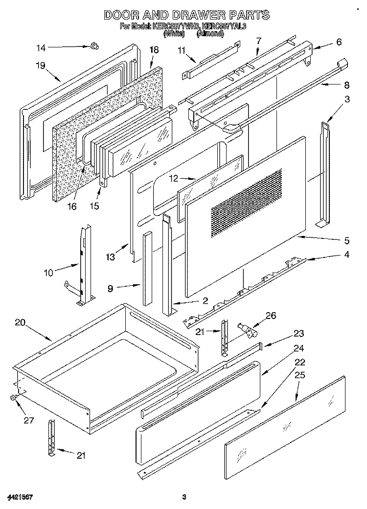 DOOR AND DRAWER Diagram and Parts List for KERC507YAL3  KitchenAid Range