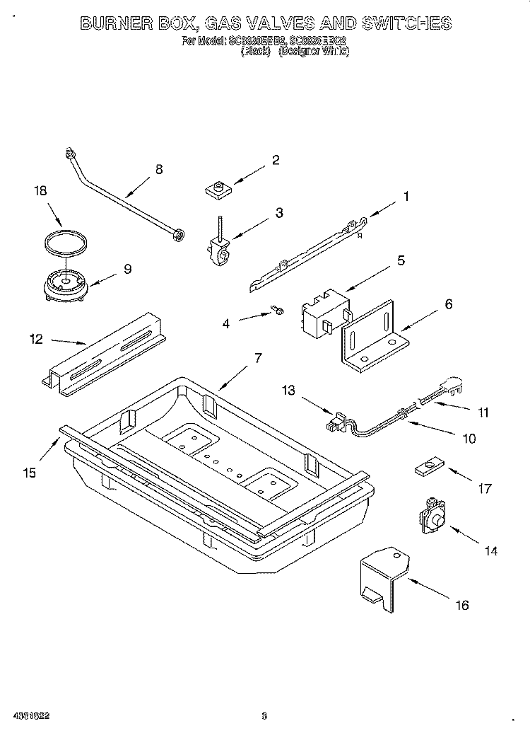 BURNER BOX, GAS VALVES AND SWITCHES Diagram and Parts List for SC8830EBB2  Whirlpool Cooktop