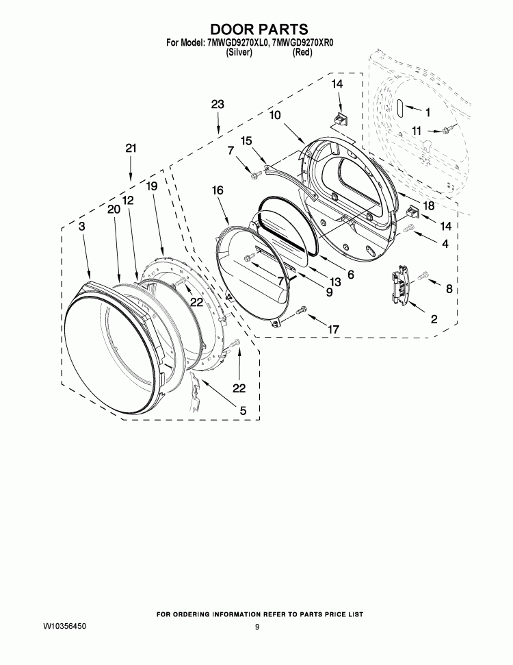 DOOR PARTS Diagram and Parts List for 7MWGD9270XL0  Whirlpool Dryer