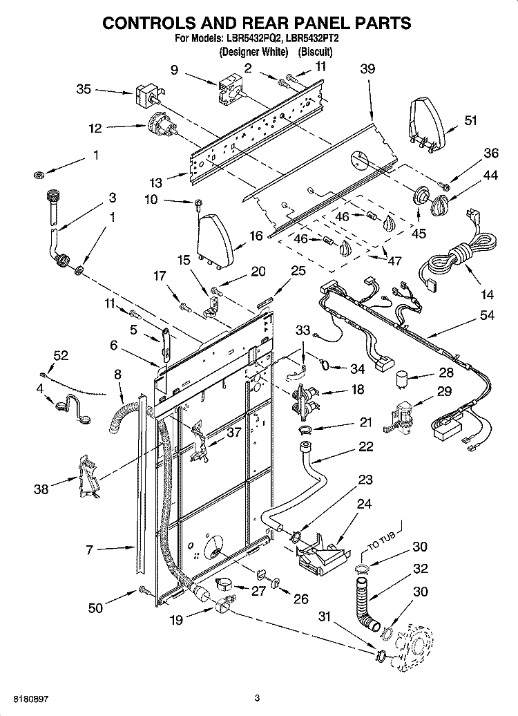 CONTROLS AND REAR PANEL PARTS Diagram and Parts List for LBR5432PT2  Whirlpool Washer
