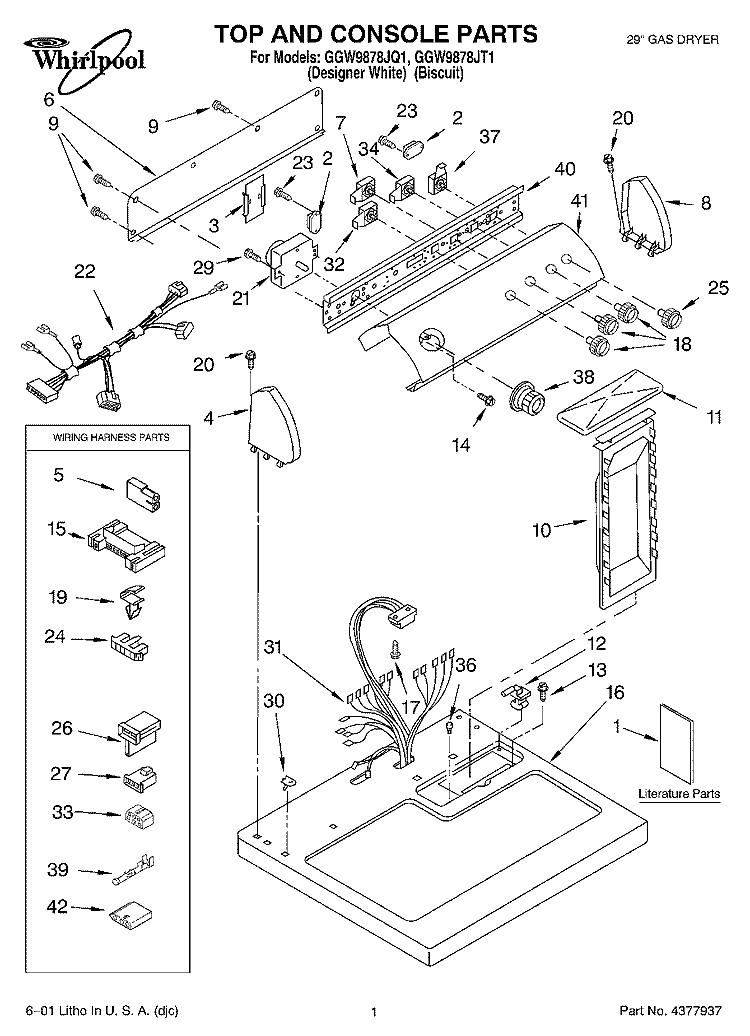 TOP & CONSOLE, LIT/OPTIONAL Diagram and Parts List for GGW9878JQ1  Whirlpool Dryer