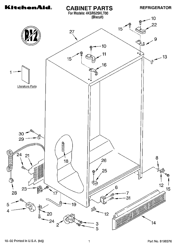 CABINET, LITERATURE Diagram and Parts List for 4KSRS25KLT00  KitchenAid Refrigerator