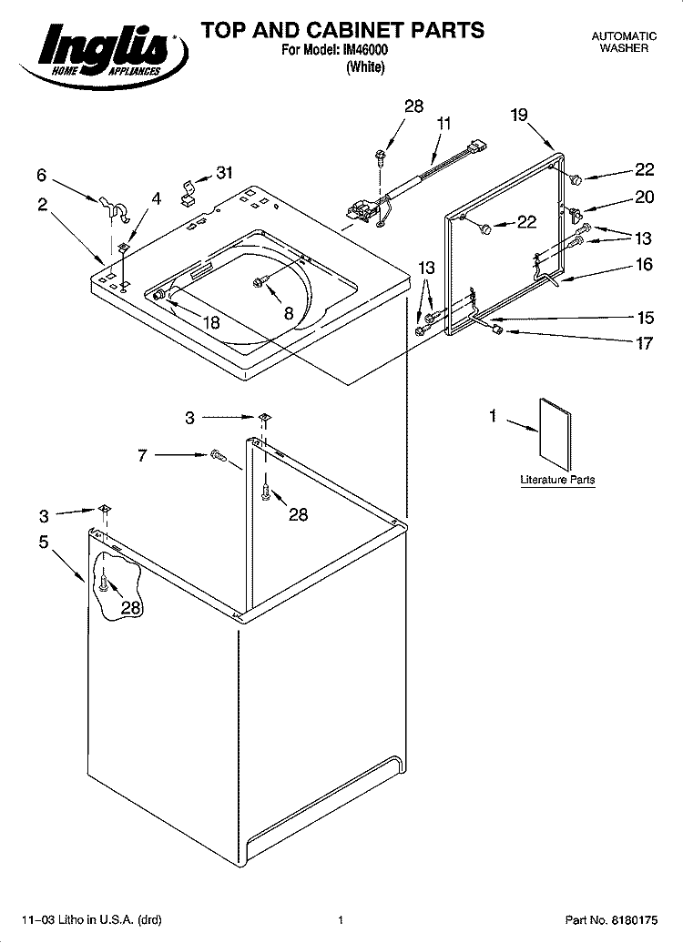 TOP AND CABINET PARTS Diagram and Parts List for IM46000  Inglis Washer