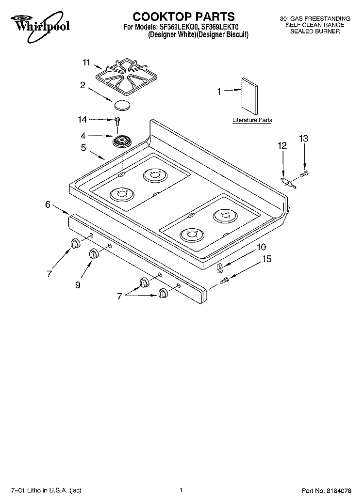 COOKTOP, LITERATURE Diagram and Parts List for SF369LEKQ0  Whirlpool Range