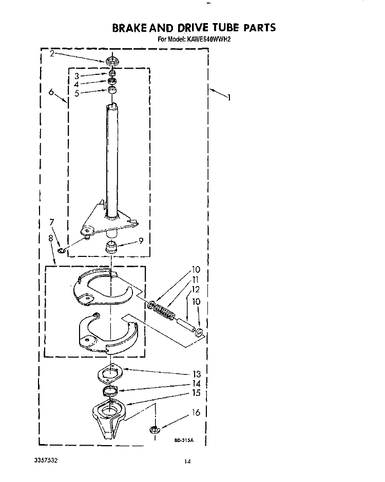 BRAKE AND DRIVE TUBE Diagram and Parts List for KAWE540WAL2  KitchenAid Washer
