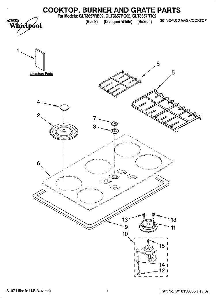 COOKTOP, BURNER AND GRATE PARTS Diagram and Parts List for GLT3657RQ02  Whirlpool Cooktop
