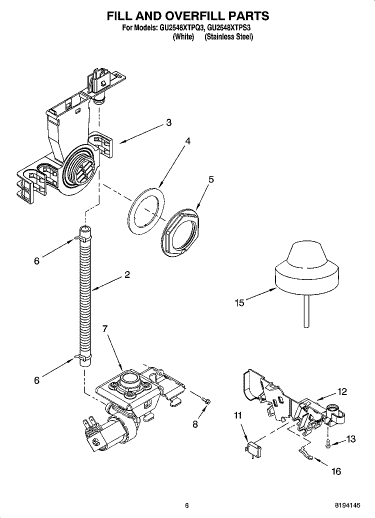 FILL AND OVERFILL PARTS Diagram and Parts List for GU2548XTPS3  Whirlpool Dishwasher