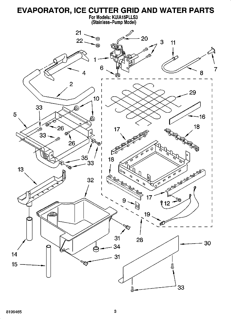 EVAPORATOR ICE CUTTER GRID AND WATER PARTS Diagram and Parts List for KUIA15PLLS3  KitchenAid Ice Maker